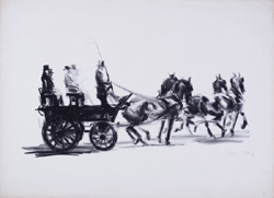 Max Feldbauer,Scholle,Vierergespann mit Kutsche (von links nach rechts),Gespann, Pferde,Lithografie,signiert,datiert 30.VI.(19)27