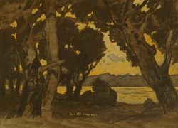 Ludwig Dill, Früher Morgen am See, Tempera/Papier