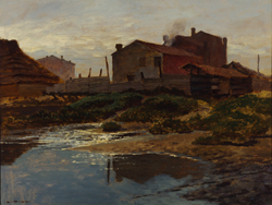Ludwig Dill, Ziegeleien am Wasser, Öl/Leinwand/Malpappe, 1878