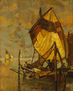 Ludwig Dill, Fischerboote vor Venedig, Öl/Holz